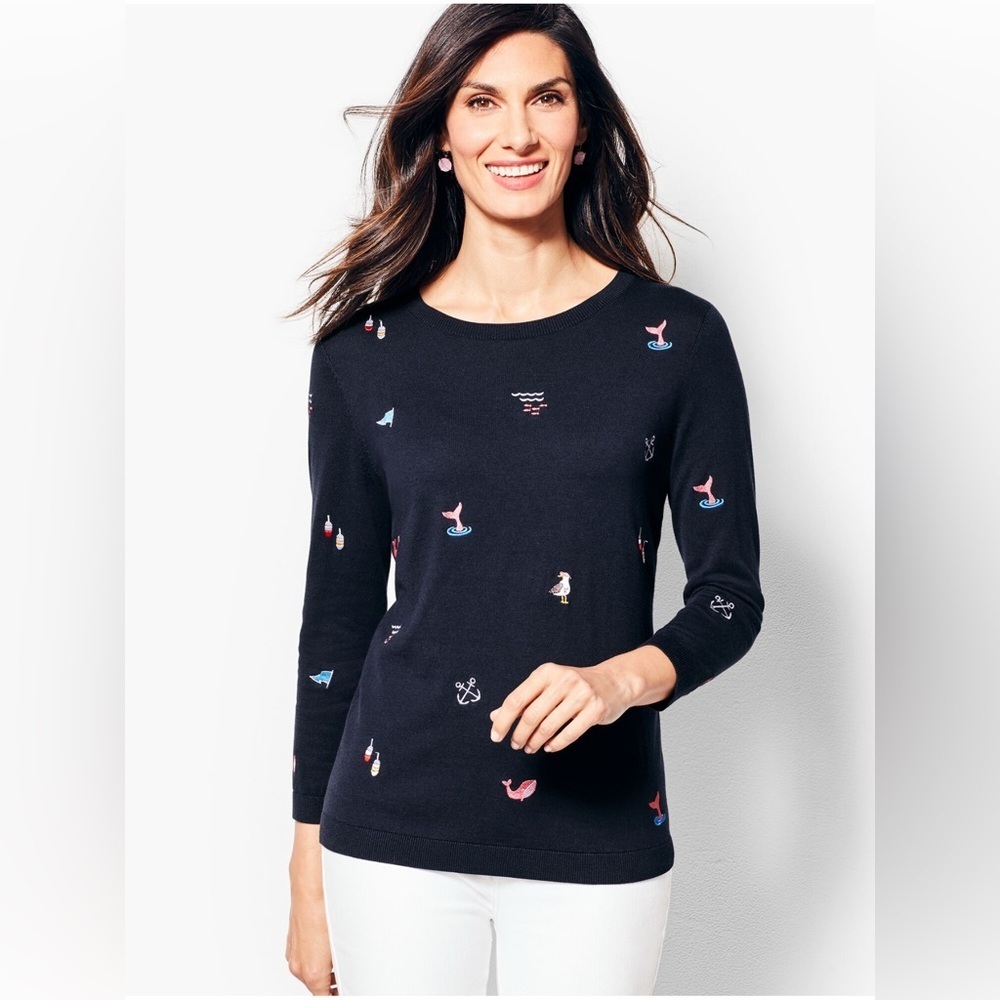 Talbots Three Quarter Sleeve Nautical Embroidered Sweater